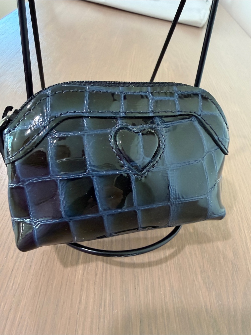Brighton Black/Blue Croc-Embossed Heart Zip Pouch